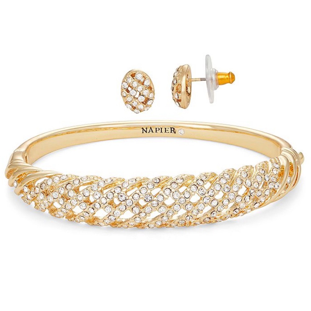 NWT Gold Tone Crystal Bangle Bracelet & Button Stud Earring Set